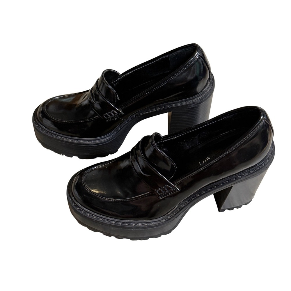 Madden Girl Kassidy Black Patent Platform Chunky Heel Penny Loafers Lug Sole 7M